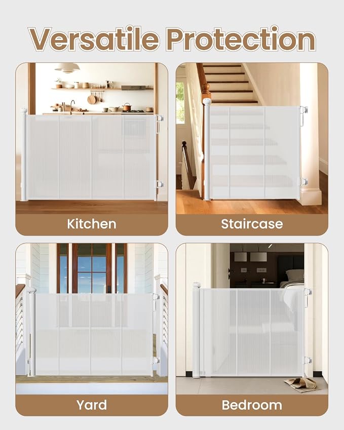 Retractable Baby Gate, 71" Wide 34" Tall Reinforced Mesh Baby Gate for Open Kitchens and Wide Doorways, One-Hand Operation Retractable Dog Gate, Fits Baseboards, White