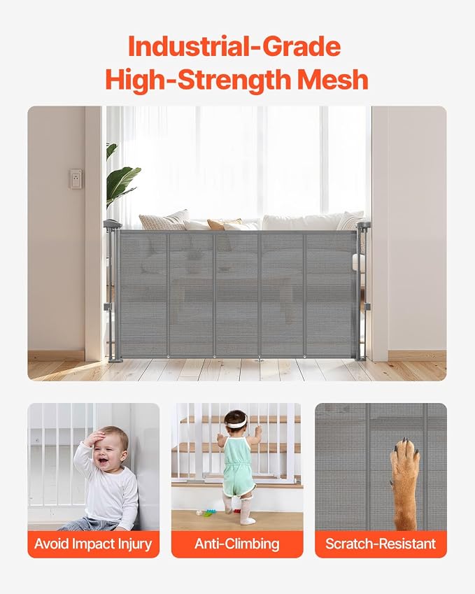 VEVOR Retractable Baby Gate, 34 inch Tall, Extends up to 55 inch Wide, Retractable Gate for Kids or Pets, Mesh Material, Easy to Install for Indoor Stairs, Doorways, Hallways, Playrooms, Gray