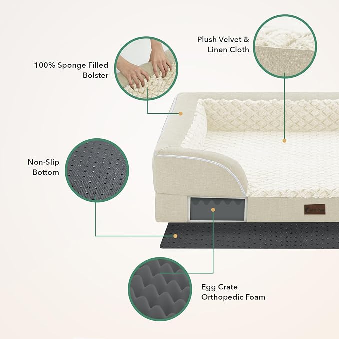 Orthopedic Dog Beds for Large Medium Sized Dogs 36x27 Inch, Medium Waterproof Memory Foam Dog Sofa Bed with Removable Washable Cover Pet Couch with Bolster, Beige