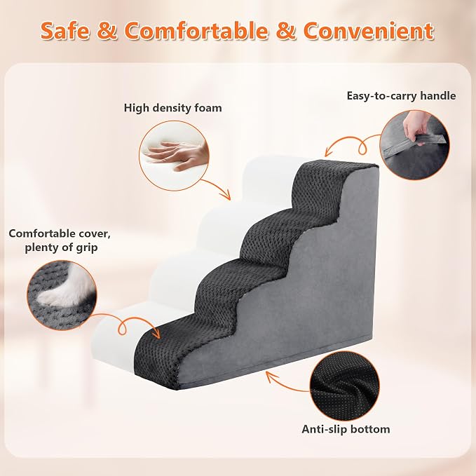 Dog Stairs Ramp, Curved 4-Step Dog Steps for Small Dogs and Cats, Pet Stairs for High Beds and Couch with Anti-Slip Washable Cover and Durable High Density Foam, Dark Grey