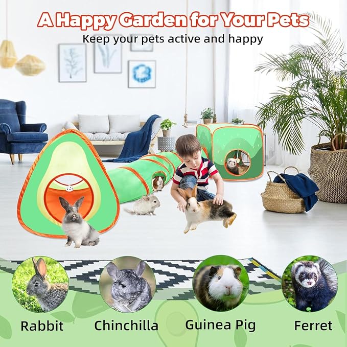 YUEPET Rabbit Tunnel and Cube Collapsible Tent Bunny Interactive Crinkle Tunnel Toys Small Animal Hideout with Play Ball for Dwarf Rabbit Bunny Guinea Pig (Avocado)