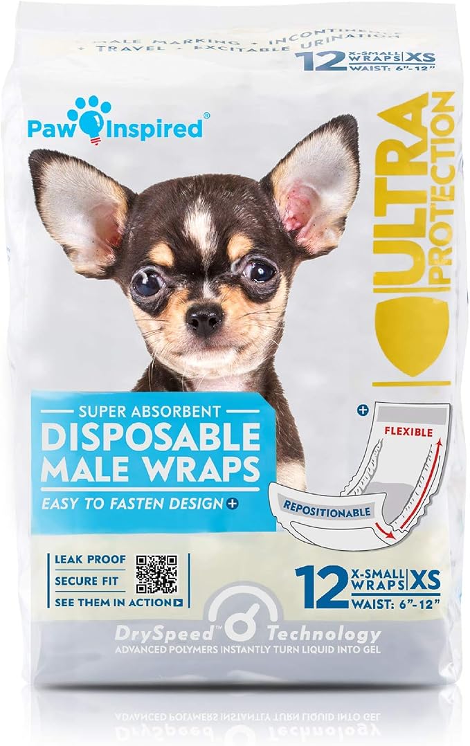 Paw Inspired Disposable Male Dog Wraps, Belly Band for Dogs | Disposable Dog Diapers | Belly Bands for Male Dogs (144 Count, X-Small)