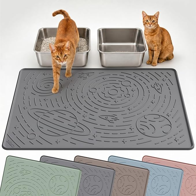 OHMO Cat Mat for Litter Box, Large 31.5x23.6 Dark Grey, High Edge Silicone Scatter Control Waterproof Trapping Mat