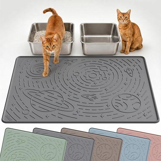 OHMO Cat Mat for Litter Box, Large 31.5x23.6 Dark Grey, High Edge Silicone Scatter Control Waterproof Trapping Mat