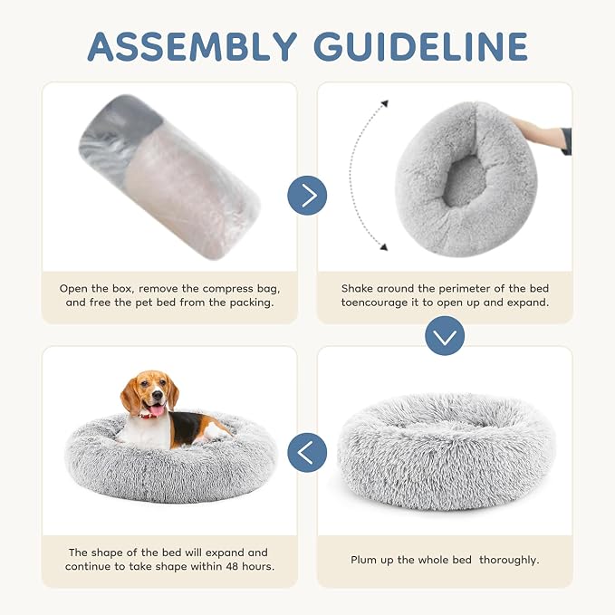 DUMOS Donut Dog Beds for Large Dogs, 37.4x37.4 Inch Machine Washable Cuddler Warming Cozy Fluffy Faux Fur Plush Round Pet Bed, Anti-Slip Bed for Indoor Dogs and Cats, Grey