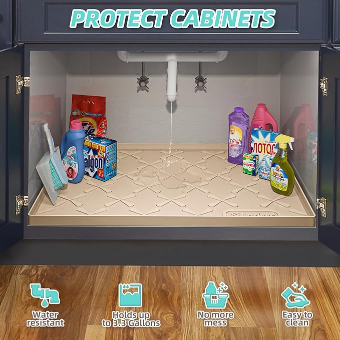 SIKADEER Silicone Under Sink Mats for Kitchen Waterproof 34" x 22", Raised Edge Cabinet Protector Shelf Liner, Bathroom Organizers and Storage Boot Tray Pet Mat