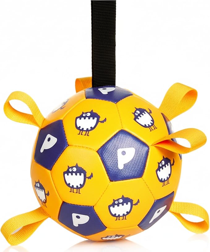 Race&Herd 6" Jolly Soccer Ball for Dogs - Tough Durable Dog Ball Toy with Straps, Pet Bouncy Herding Balls for Dogs, Floating Dog Balls with Tags for Water Fetch, BaaBaaBall (Gold)