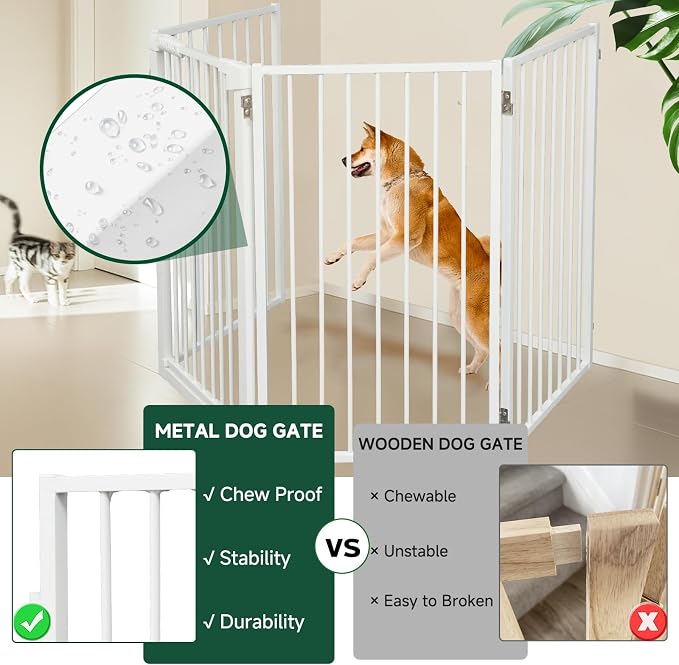 Snagle Paw Metal Freestanding Dog Gate with Door, 80” W x 24” H Dog Fence with Support Feet for Doorways, Stairs and Hallways, Portable Pet Gate for Indoor Use (4 Panel, White)