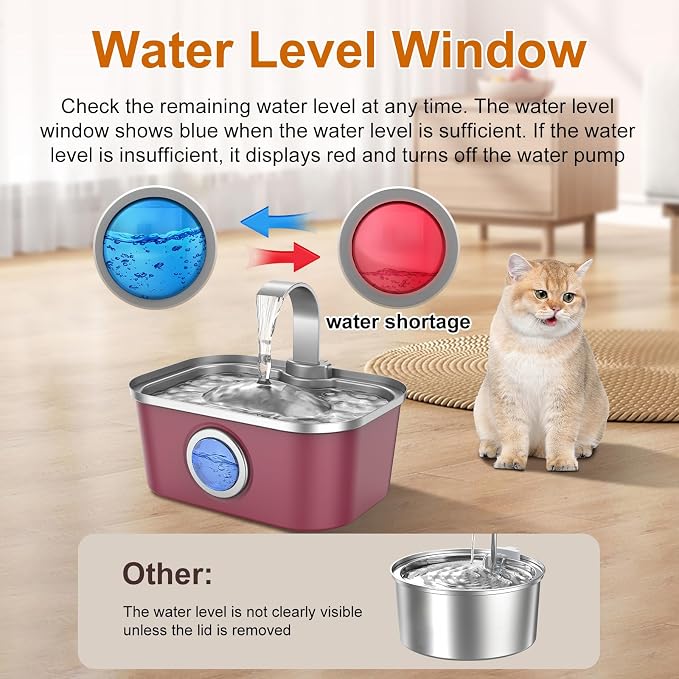 Bobo&Dragon Stainless Steel Cat Water Fountain, 124oz/3.5L Automatic Dog Water Dispenser - Ultra Quiet Faucet Flow, Smart Window & Fresh Filtered Hydration, Dishwasher Safe for Multi-Pet Cosmic Berry