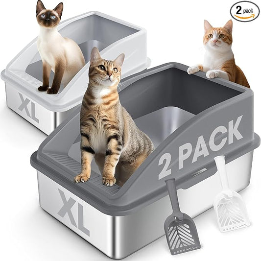 AIPERRO 2 Pack Stainless Steel Litter Box | XL Enclosed Cat Litter Boxes with Lid for Big Cats and Multi-Cats | High Sided, Anti-Urine Leakage | Non-Stick Bottom（Multi-Colored）