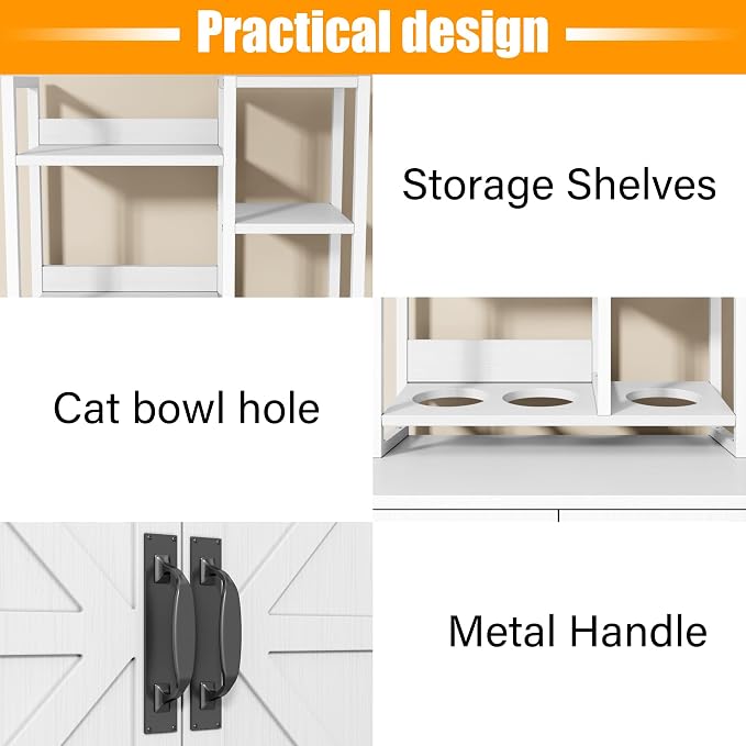 Kepptory Wooden Cat Litter Box Enclosure Furniture with Open Storage Shelves, Hidden Kitty Litter Box Cabinet Side Entrance, Multi-Purpose Cat House Cat Feeder Stand for Indoor Cats, White