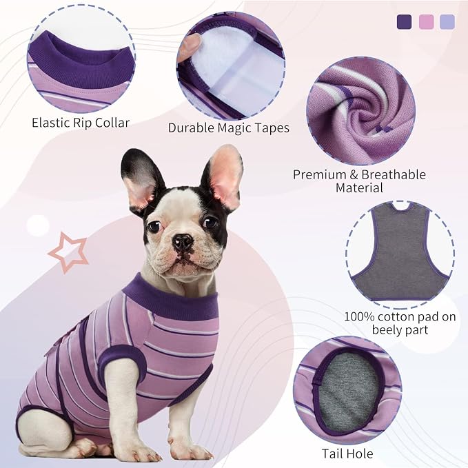 Kuoser Dog Surgery Recovery Suit, Soft Breathable Dog Recovery Suit for Female Spay Male Nueuter, Anti Licking Puppy Onesie Pet Surgical Suit for Dogs Abdominal Wounds Skin Disease, Purple Strips S