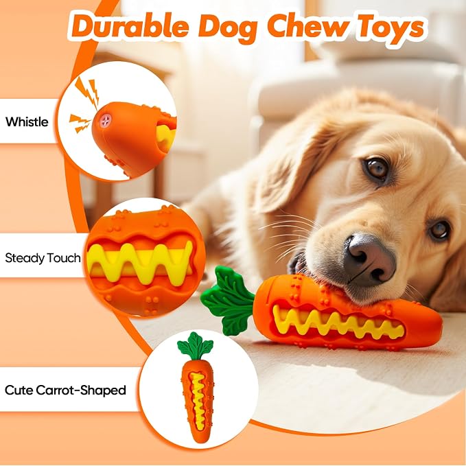 Indestructible Carrot Dog Toy for Aggressive Chewers - Tough Natural Rubber Chew Toy for Boredom, Interactive Treat Toy for Mental Stimulation - Durable Squeaky Toy for Small & Medium Dogs