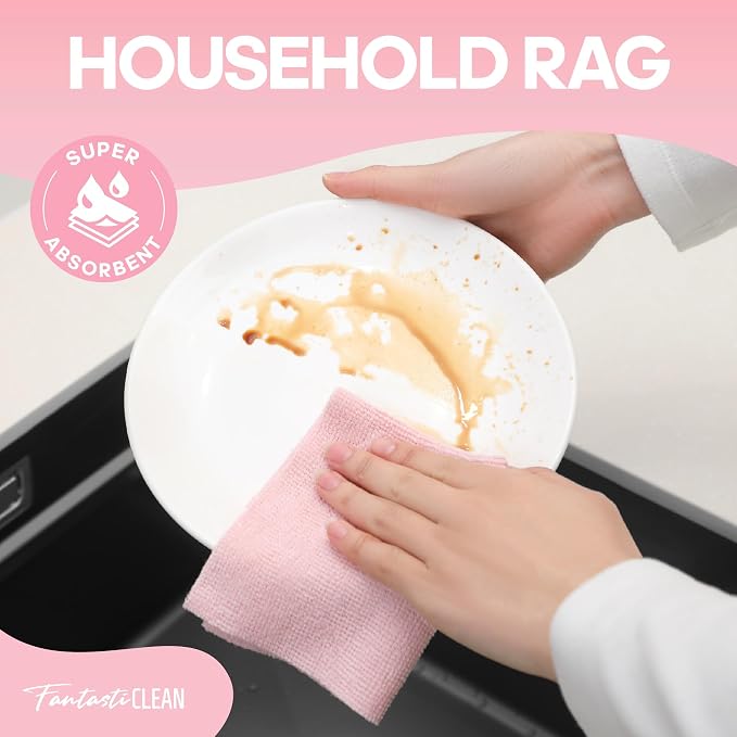 Fantasticlean Microfiber Cleaning Cloth Roll -60 Pack, Tear Away Paperless Towels, 8" x 8", Reusable Washable Rags, for House Kitchen, Pet, Office, Indoor Outdoor, Compact and Portable (Pink)
