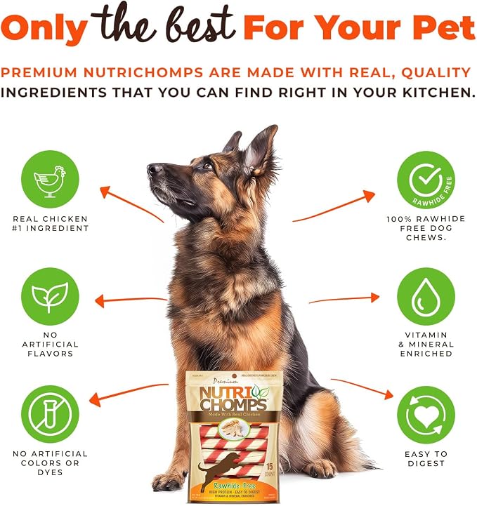 NutriChomps Dog Chews, 6-inch Twists, Easy to Digest, Long Lasting, Rawhide-Free Dog Treats, 15 Count, Real Chicken flavor