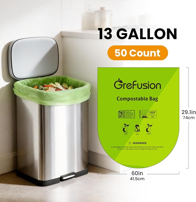 Compostable Bags,Trash bags 13+ gallon tall kitchen, Compostable Trash Lawn & Leaf Yard Waste Bags,Kitchen Compost Trash Bin Compatible,Extra Thick1.01 Mills,Certified by BPI and OK Compost