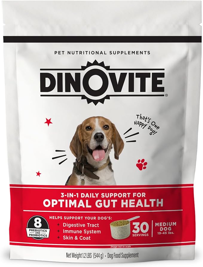 Dinovite Probiotics for Dogs, Probiotic Powder Food Topper for Medium Dogs (18-45 lb), Daily Digestive Health & Skin Support with Omega-3s, 30 Servings