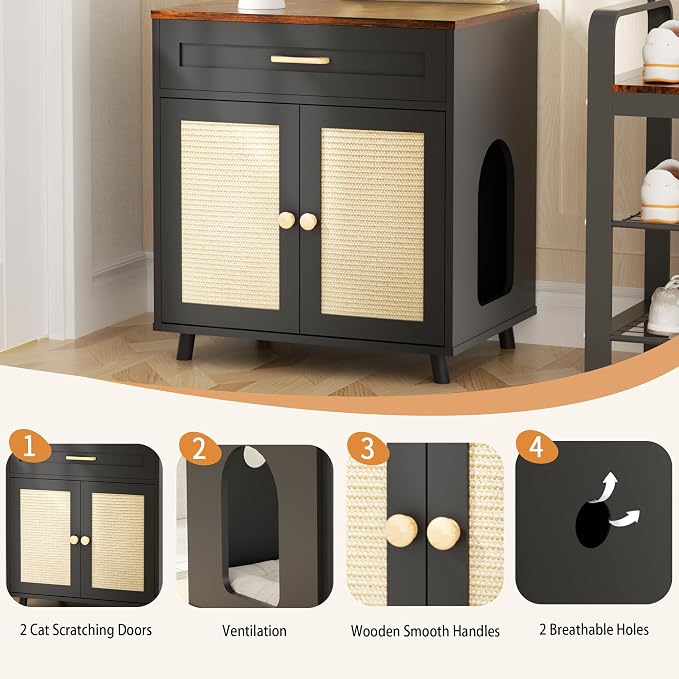 Cat Litter Box Enclosure Litter Box Furniture Hidden with Scratching Board Doors and Drawer Wooden Washroom Cat House Table Nightstand Indoor Box Cabinet,Black
