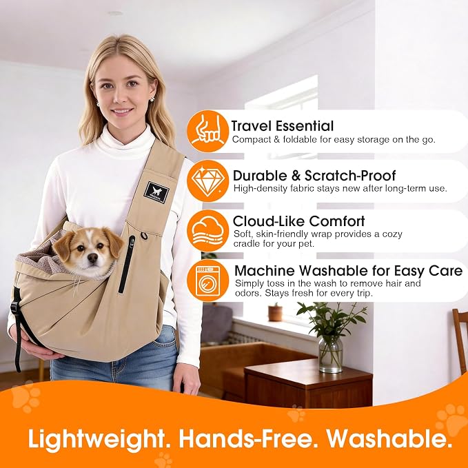 Pet Sling Carrier for Small Dogs and Cats 5-20lbs, Dog Sling with Adjustable Depth, Breathable Air Mesh Puppy Travel Bag, Water Resistant Fabric, Double Safety Leash, Machine Washable,Caramel