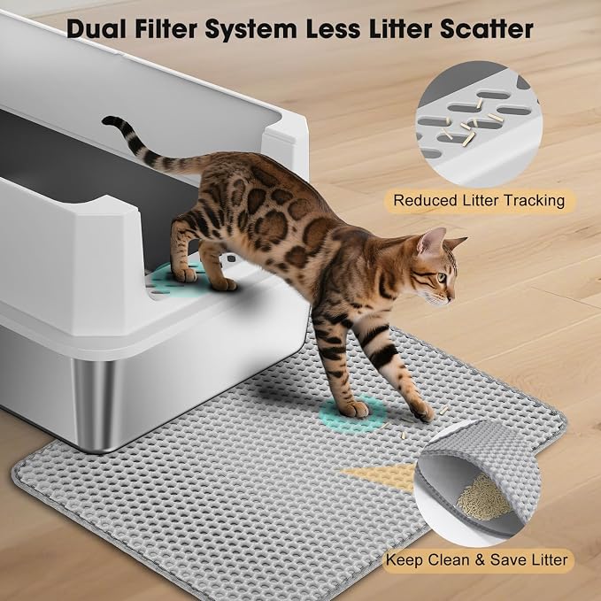 FURTIME Stainless Steel Cat Litter Box, Easy-Clean High-Sided Metal Litter Box, Open-Top Litter Pan for Large Cats, Includes Scoop & Mat, Non-Stick, Anti-Leakage, 23"×15"×10.5"