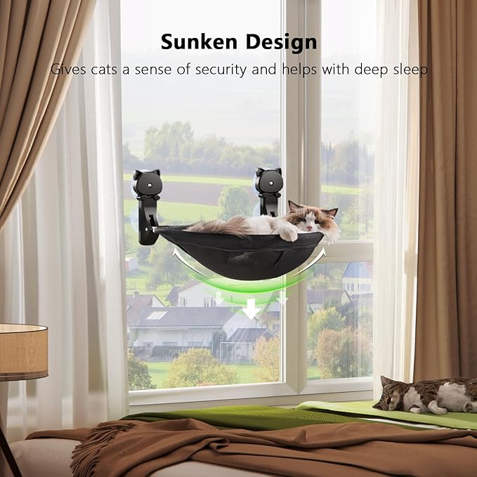 JUNSPOW Cat Window Perch Cordless, Foldable & Stable Cat Beds- Breathable Cat Window Hammock for Overlooking, Sunbathing and Climbing - Maximum Hold Up to 40lb