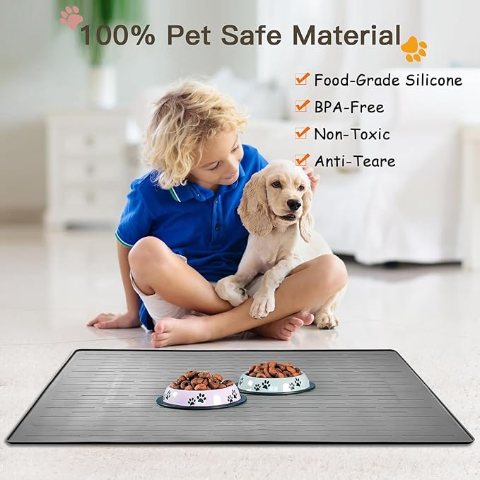 Largest Dog Food Mat, 48"x32" Silicone Dog and Cat Mat for Food and Water Bowls, Thinken Waterproof Non-Slip XXXL Pet Feeding Mat for Floors (Black)