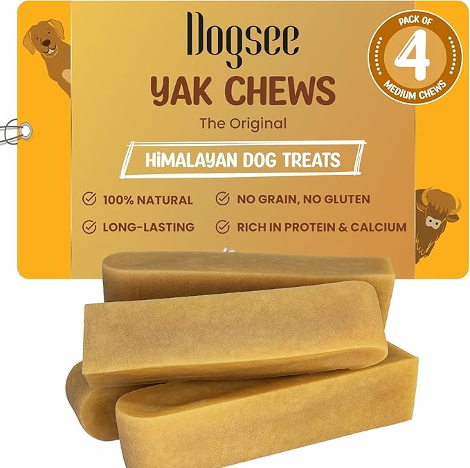 Dogsee Original Himalayan Yak Chews for Dogs (Medium - 4 Bars) .100% Natural, 60% Protein, Dog Treats for Medium Breed Dog Chews Long Lasting for Aggressive Chewers