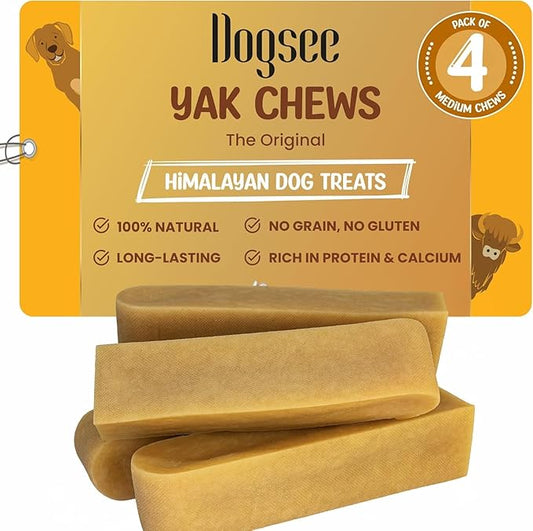 Dogsee Original Himalayan Yak Chews for Dogs (Medium - 4 Bars) .100% Natural, 60% Protein, Dog Treats for Medium Breed Dog Chews Long Lasting for Aggressive Chewers
