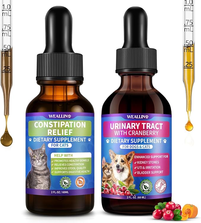 Cat Constipation Relief & Cat & Dog Natural Urinary Tract Infection Treatment with Cranberry Bundle, Digestive Comfort & Bladder Wellness, Natural Herbal Liquid Supplements
