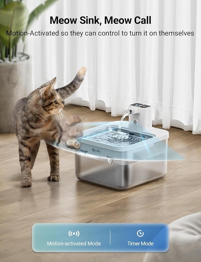 DownyPaws 2.5L Battery Operated Cat Water Fountain Stainless Steel White and Pet Feeding Mat with High Raised Edge, Cat Placemat for Messy Drinkers, 18"×12.5", Light Gray