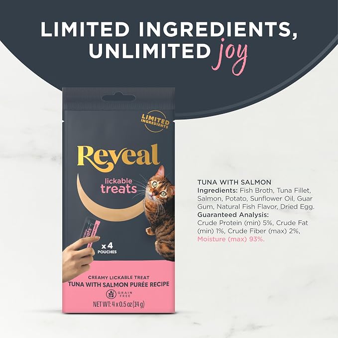 Reveal Tuna with Salmon Puree Lickable Cat Treats 40-Pack, Limited Ingredient, Grain Free, Protein Squeeze Up Cat Treats for Training or Food Topper (40 x 0.5 oz Pouches)