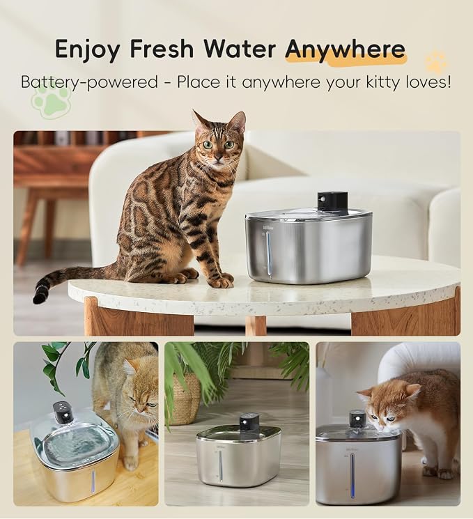Cat Water Fountain Stainless Steel, 138fl.oz / 4.1L Cat Fountain, Pet Water Dispenser Cordless for Cats & Dogs Indoor