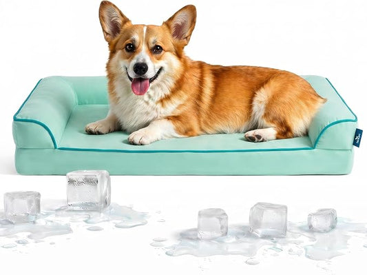 Cooling Dog Bed for Medium Dogs with Bolsters,Q-Max>0.45 Orthopedic Cool Pet Sofa Beds with Breathable Egg Crate Foam, Removable Washable Cover, Light Aqua