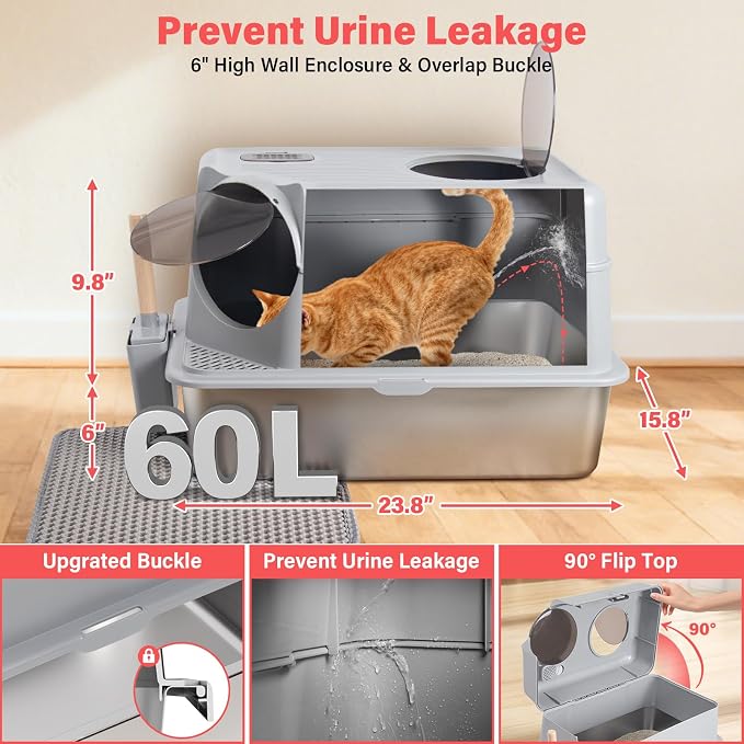 Stainless Steel Litter Box with Lid, XL Extra Large Cat Litter Box for Big Cats, Front & Top Entry Metal Cat Box with Scoop and Mat, Odor-Free, Anti-Urine Leakage, Non-Sticky, Easy Cleaning
