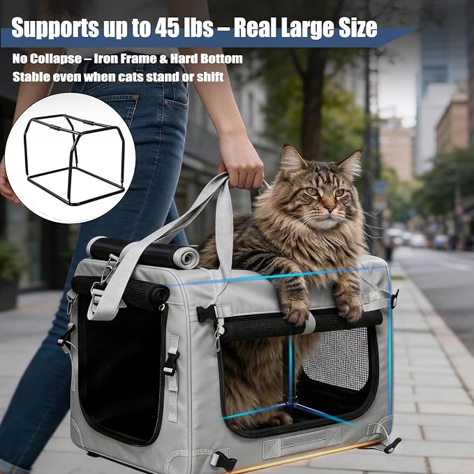 Extra Large Cat Carrier for Large Cats or 2 Small Cats - Soft-Sided Pet Carrier for Car Travel, Top Load, 4 Openings, Anti-Sag Iron Frame, Anti-Sagging pad, Zipper Lock Buckle, Foldable