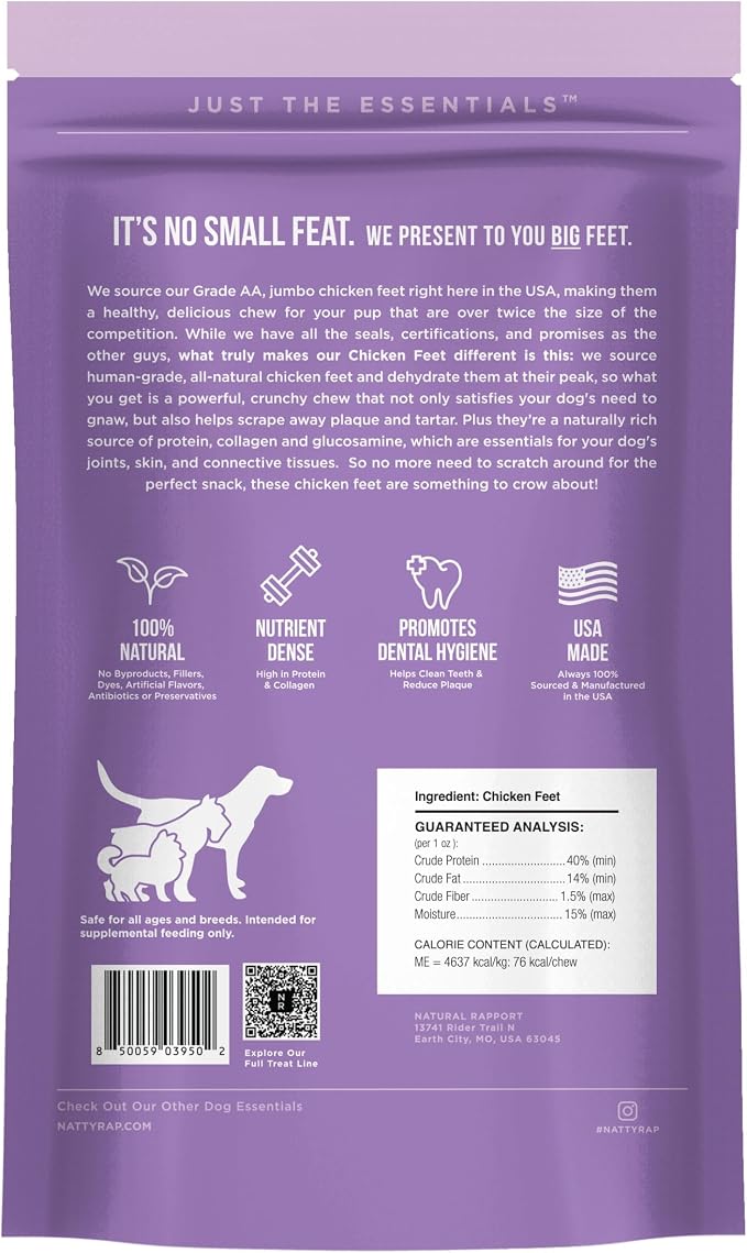 Natural Rapport Dehydrated Chicken Feet Dog Chews - Jumbo Size, Natural Glucosamine & Collagen for Joint & Dental Health (12 Count)