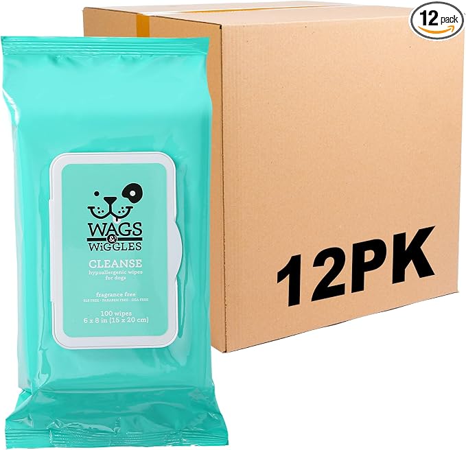 Wags & Wiggles Hypoallergenic Dog Wipes for Sensitive Skin, Fragrance-Free Waterless Cleansing Cloths for Paws, Face, and Dog Body, No SLS, Parabens, or DEA, 100 Count - 12 Pack
