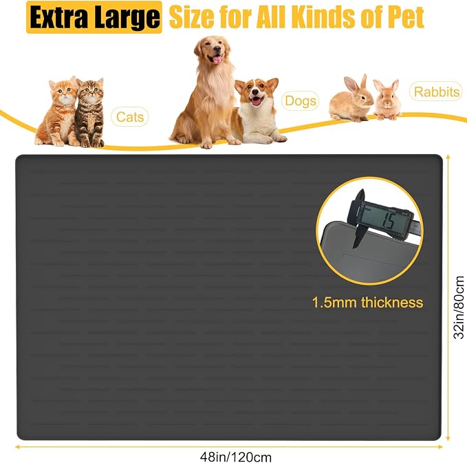 1.5MM Super Thick Dog Food Mat, 48"x32" Silicone Dog and Cat Mats for Food and Water Bowls, Waterproof Pet Feeding Mat for Contain Spills Protects Floors, Multiple Colors & Sizes for Pets, Light Gray
