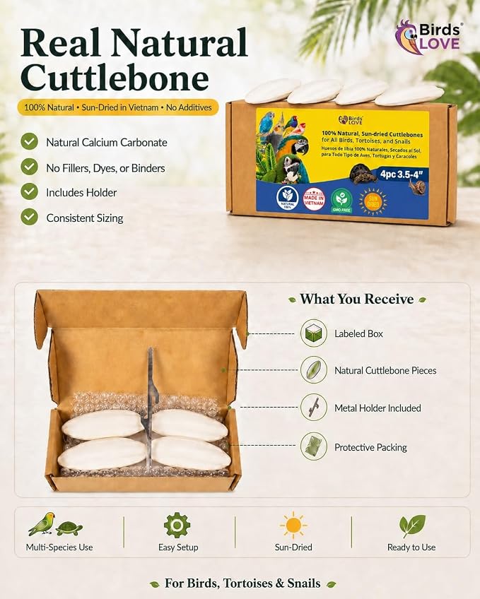 Birds LOVE 3.5-4″ Cuttlebone for Birds – 100% Natural Sun-Dried Calcium & Beak Conditioning Supplement for Parakeets, Budgies, Cockatiels, Finches & Canaries – 4 Pack with Holder – Made in Vietnam