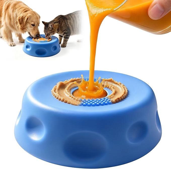 Dog Cat Lick Bowl with Rolling Ball, Slow Feeder Interactive Silicone Bowl with Suction Cup Base, Chew-Resistant for Wet Food & Treats, Easy Clean, 8.5oz/250ml, Blue