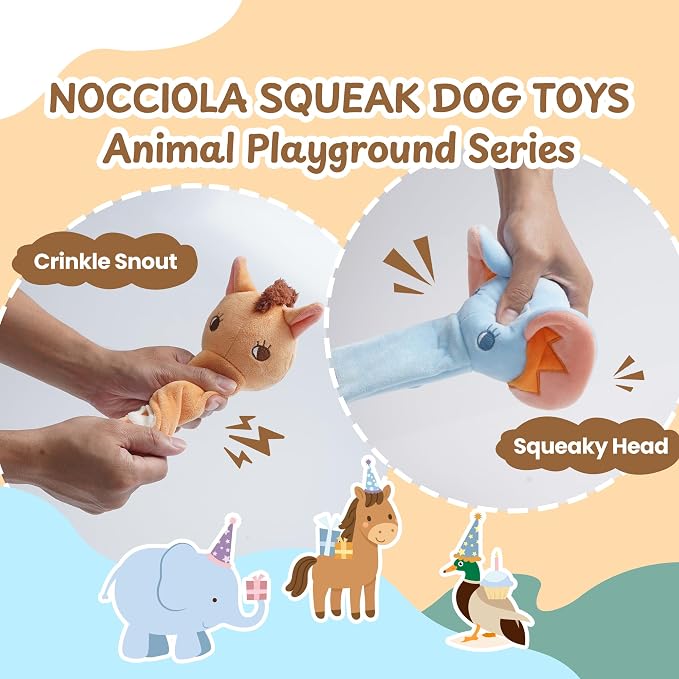 Nocciola Dog Squeak Toys 3pcs, Dog Toys to Keep Them Busy for Aggressive Chewers, Hide and Seek Crinkle Dog Toy for Large Dogs, Long Face Wild Animals Playground Series