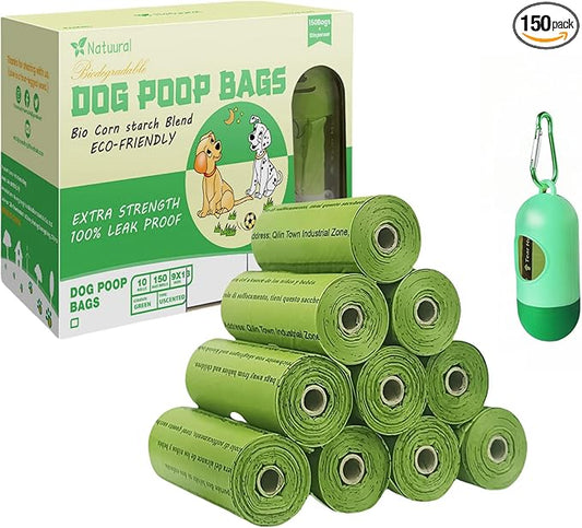 Dog Poop Bags-150 Counts with Holder (10 Rolls), Biodegradable Poop Bags, Eco-friendly and Easy to Open, Thick Dog Waste Bags (Green)