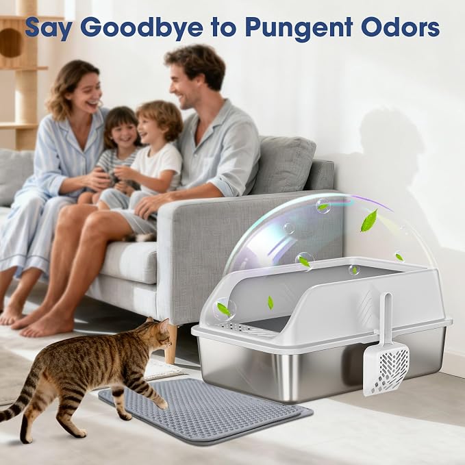 Stainless Steel Litter Box with Lid Enclosed XL High Sided Metal Litter Boxes for Big Cat and Multiple Cats, Anti-Urine Leakage | Non-Stick & Includes Cat Mat and Scoop