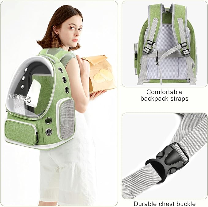 Cat Bubble Backpack Carrier, Expandable Breathable Pet Backpack for Cats Dogs Up to 20 lbs, Airline Approved Foldable Transparent Travel Carrier for Small Pets, Green
