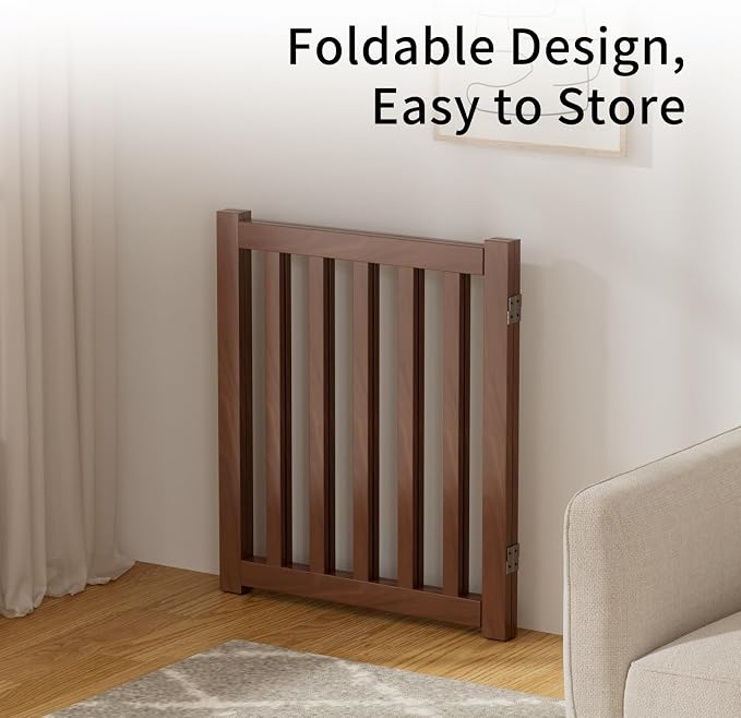 3-Panel Solid Wood Dog Gate - Freestanding Folding Pet Gate for Doorways, Stairs, Indoor, 24" Height, No Installation Needed, Walnut