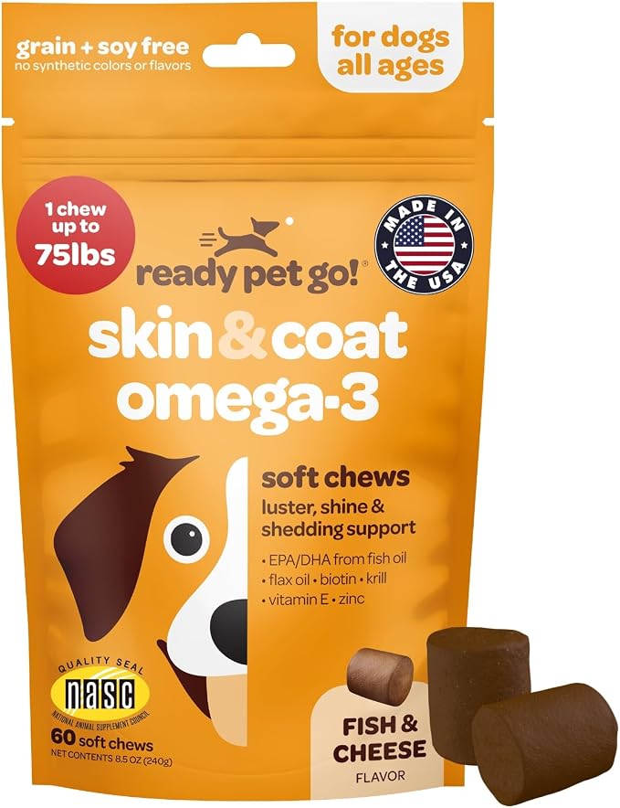 Skin and Coat Supplement for Dogs | Nourishing Omega 3 for Dogs with EPA DHA Krill Oil and Vitamin E | Dog Skin and Coat Supplement | 1 Chew up to 75lbs | NASC Certified & Made in the USA | 60 Chews