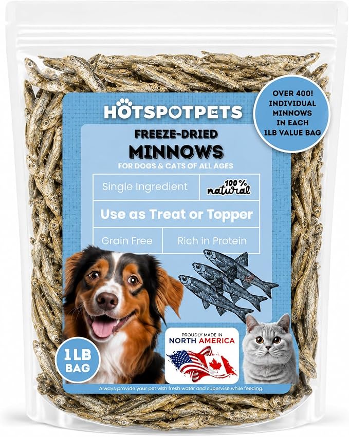 hotspot pets Freeze Dried Minnows Treats for Cats & Dogs (1 Pound Bag Over 400 PCS) Made in USA, All Natural, High Protein, Rich in Omega-3s, Grain-Free, Perfect for Training, Topper or Snack