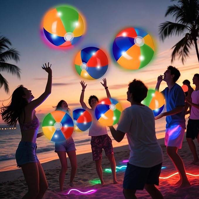 MiniInflat 12 Pcs Light up Beach Balls 16'' Jumbo Pool LED Balls Glow in the Dark Neon Giant Inflatable for Summer Hawaiian Tropical Theme Beach Party Decor Water Accessory (Rainbow)