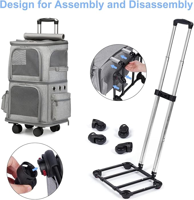 Pet Travel Carrier with Detachable Wheels, Double Compartment Cat Rolling Carrier with Telescopic Handle for 2 Cats to 20 LBS, Perfect for Traveling/Hiking/Camping
