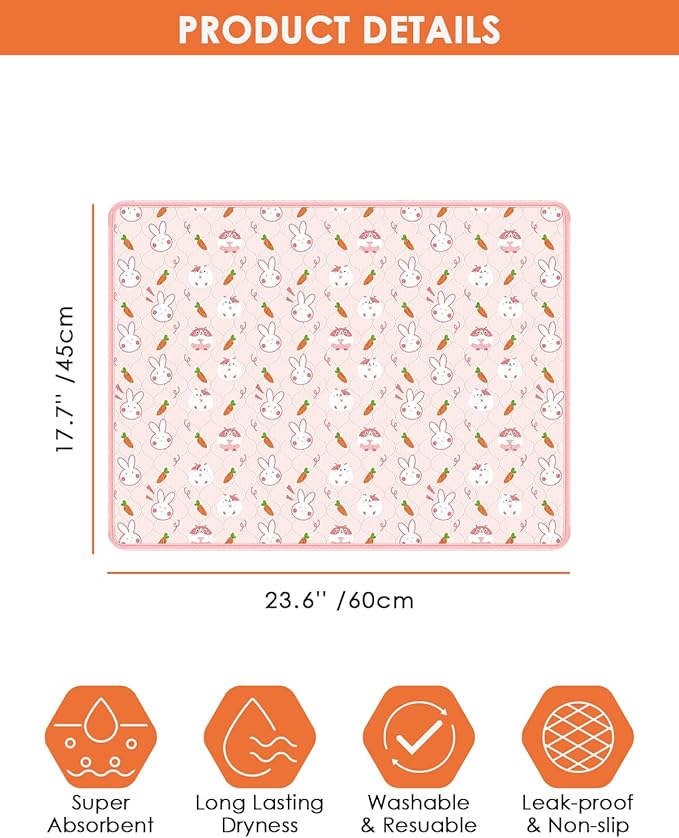Bissap 2 Packs Guinea Pig Cage Liners, 18''X24'' Washable Guinea Pig Pee Pads Non Slip Reusable Fast and Super Absorbent Bedding for Small Animals Rabbit Hamster Chinchillas Rat - Pink